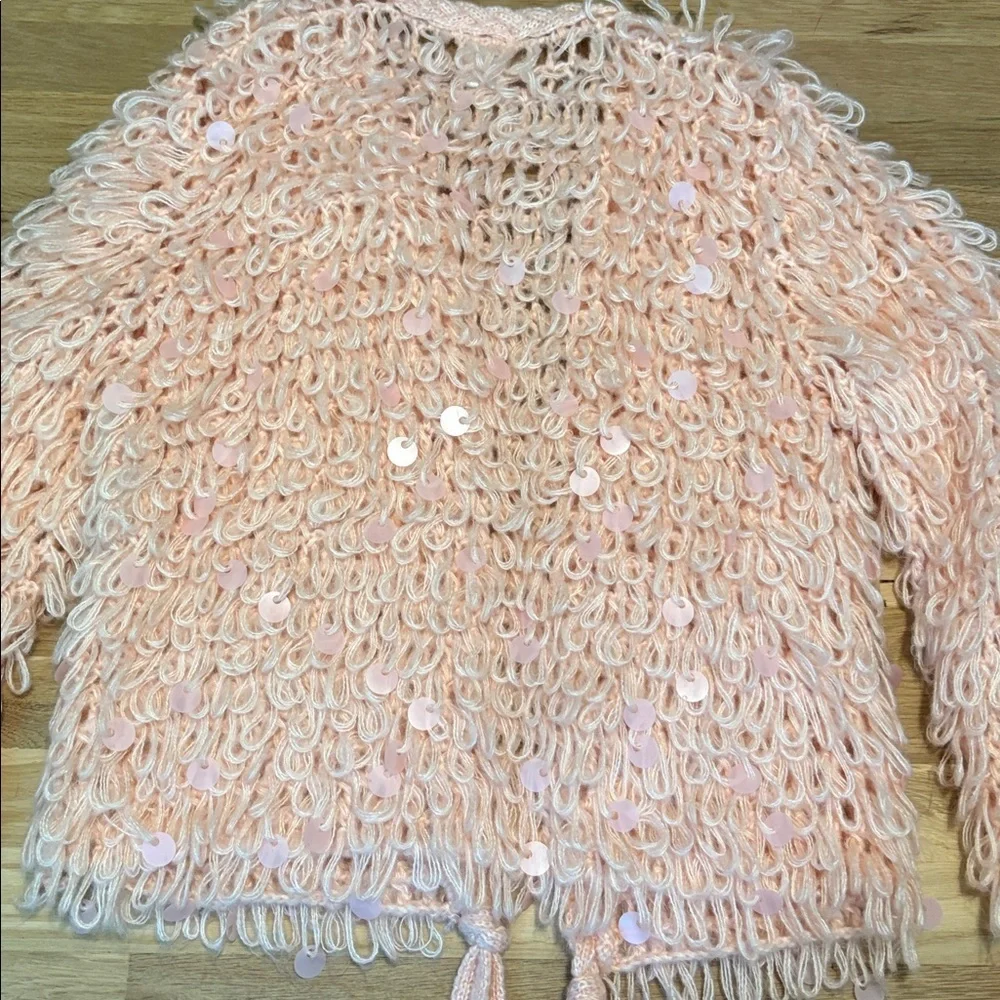 Main Strip Shaggy Lopped Knit & Sequin Pink Textured Cardigan Women’s M - Picture 12 of 13